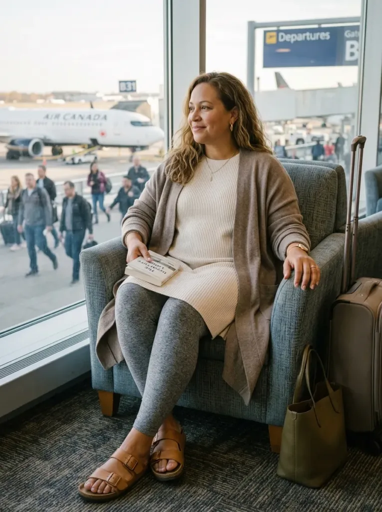 Plus size woman in comfortable leggings outfit for long haul flight with swollen feet