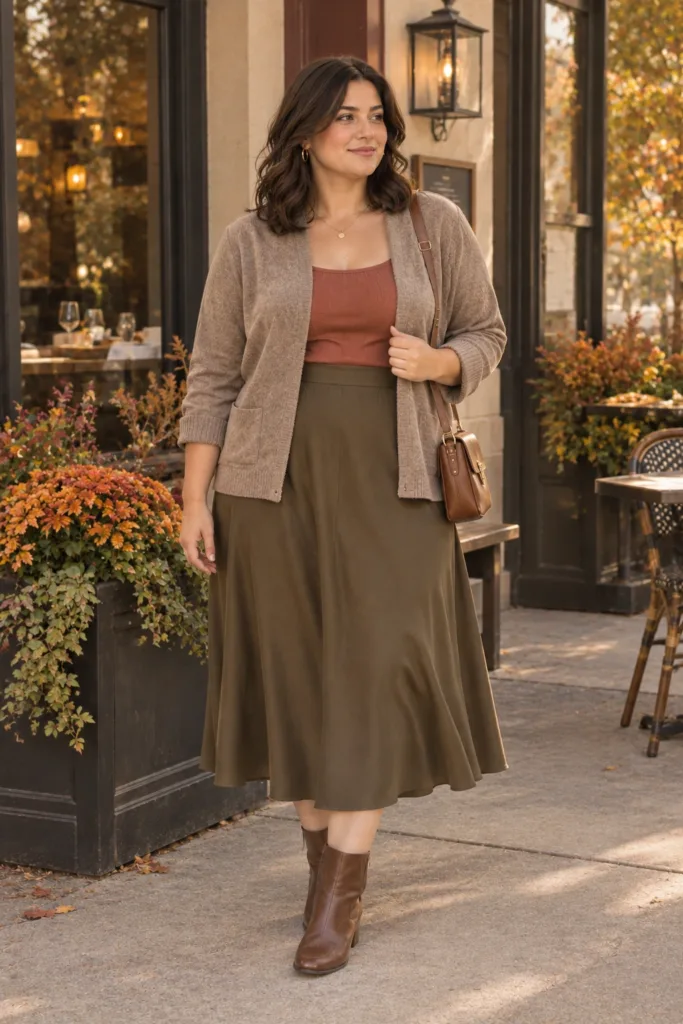 Taupe Cardigan + Midi Skirt