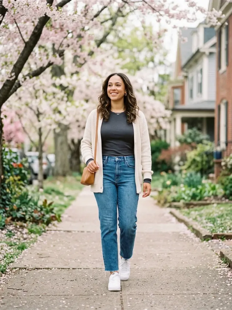 Plus size layered spring outfit for temperature swings between morning and afternoon
