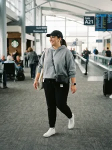Comfortable plus size travel date outfit with hoodie and joggers