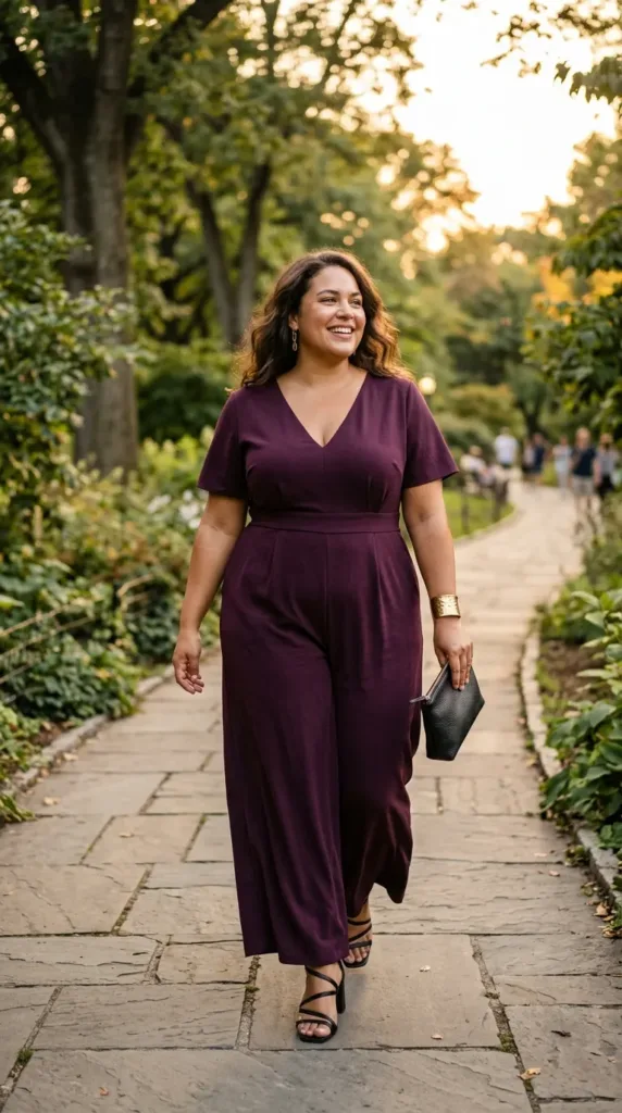 Plum wide leg jumpsuit office party outfit for curvy plus size women