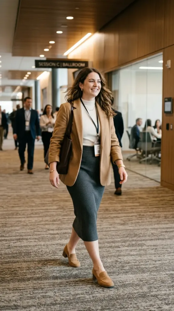 Business seminar outfit with ribbed knit midi skirt and camel blazer