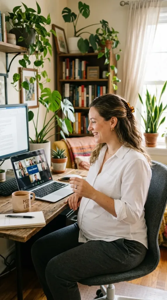 Comfortable maternity work outfit for video calls with white blouse
