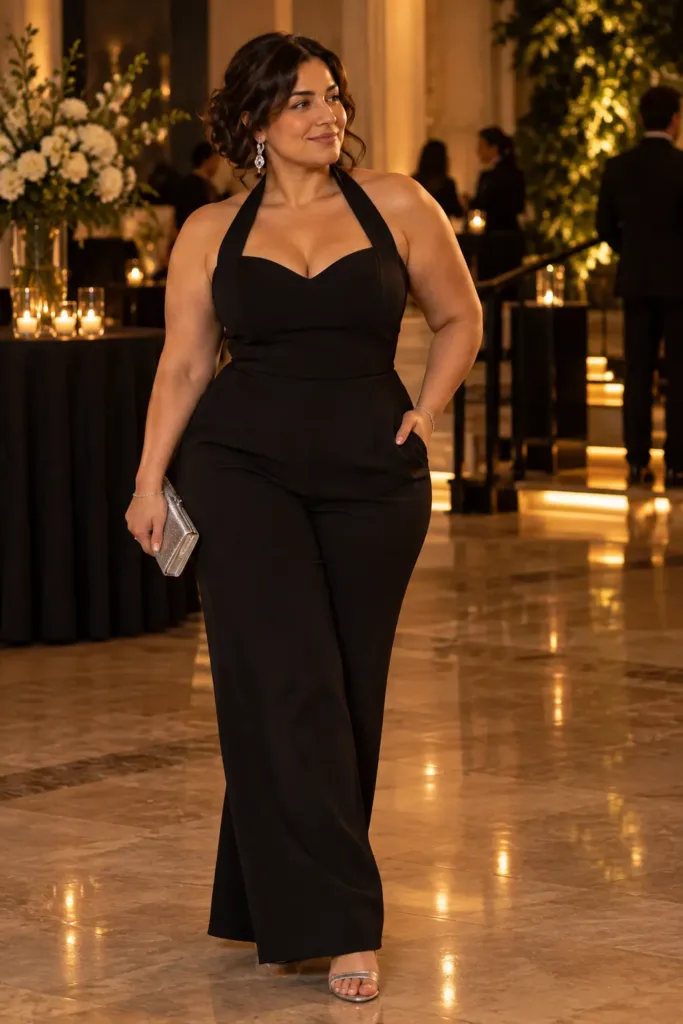 Halter jumpsuit plus size cocktail party outfit with back coverage