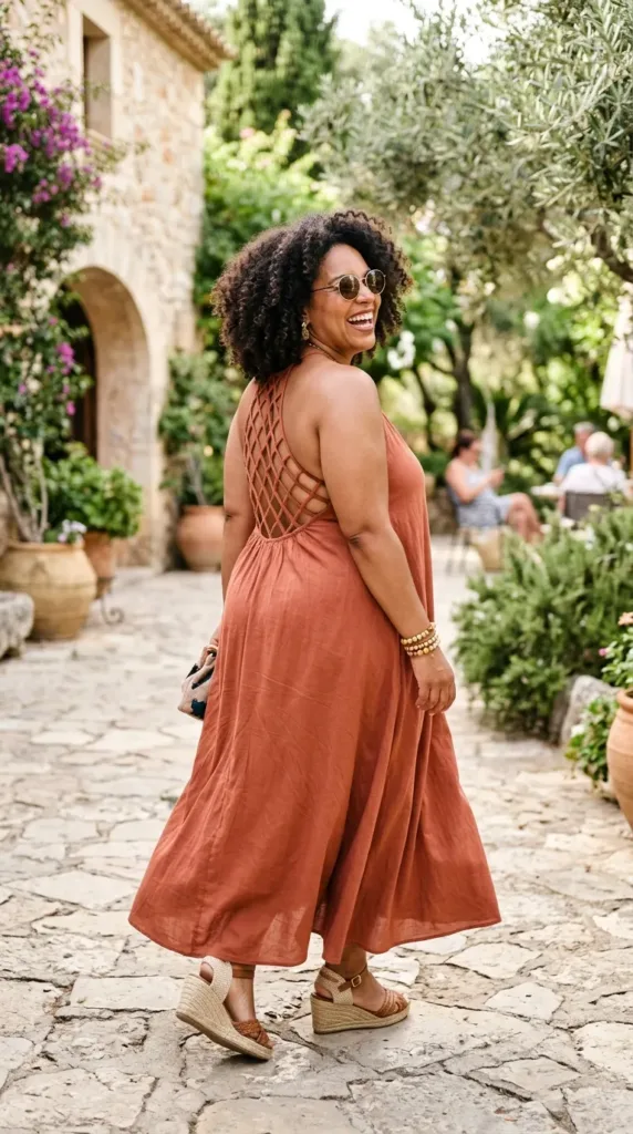 Plus size halter beach wedding guest dress with back detail