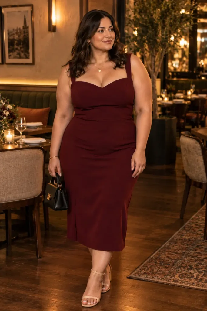 Burgundy midi dress plus size cocktail party outfit
