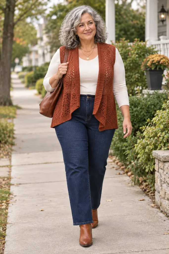 Layered vest outfit for women over 50 that flatters the back