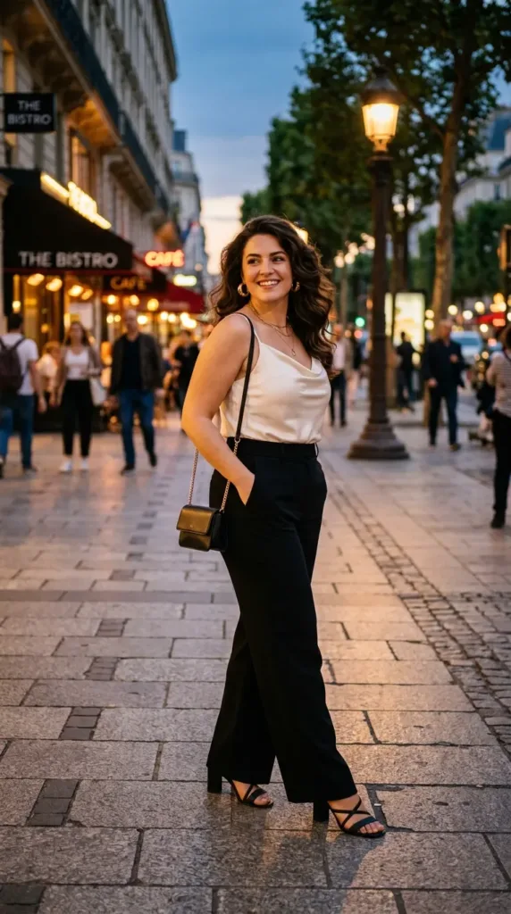 Plus size birthday outfit with cowl-neck kami and wide-leg trousers