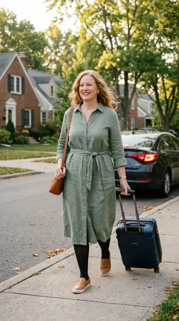 Woman in a sage green midi shirtdress with a tie belt and crossbody bag for air travel