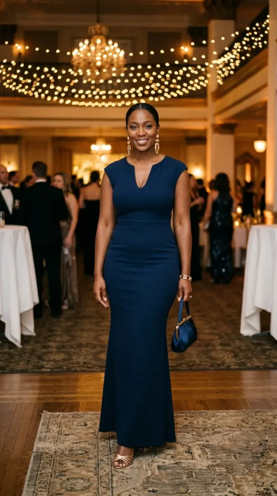 Formal plus size maid of honor dress in navy crepe for black-tie wedding