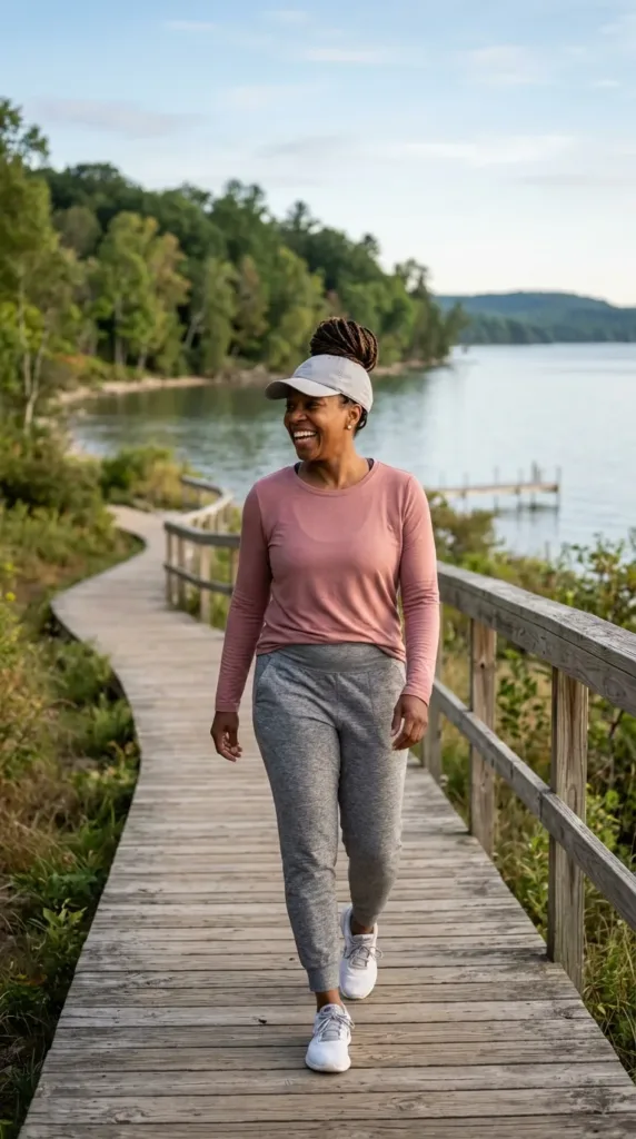 Woman in olive convertible cargo pants and cream shirt for a hiking vacation