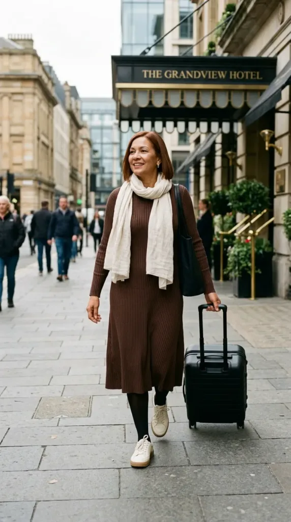 Woman in a brown ribbed knit midi dress with cream scarf and sneakers ready for a long flight
