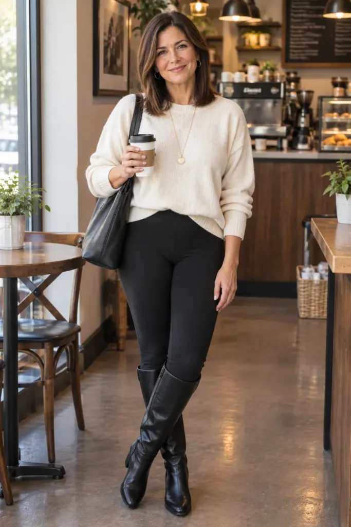 Comfortable cozy outfit for women over 50 on a bloated day