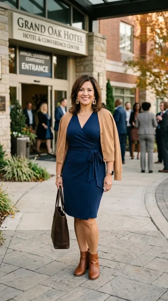 Comfortable wrap dress outfit for bloated seminar days