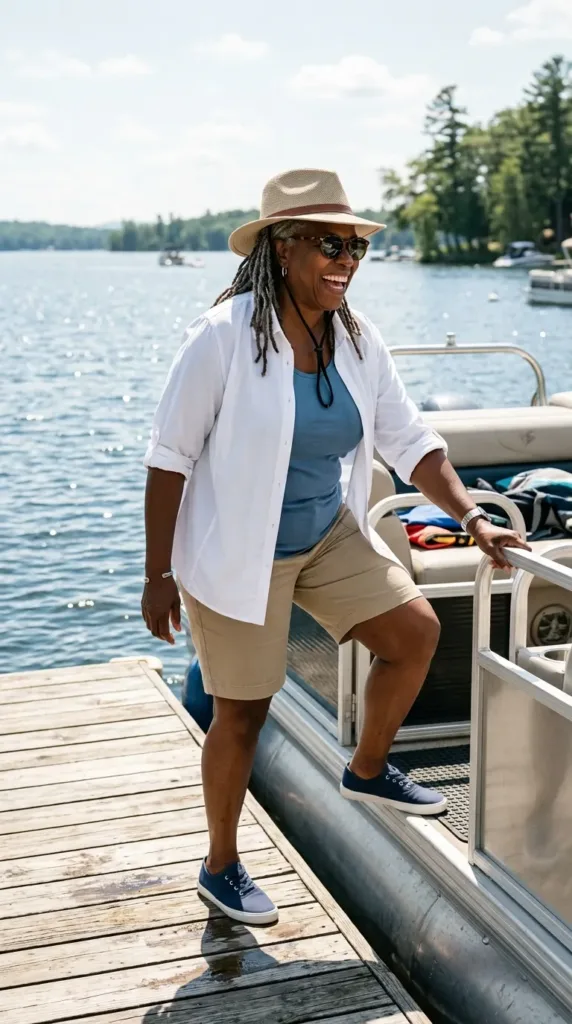 Woman over 50 in a white UPF shirt, blue tank, and khaki Bermuda shorts on a lake dock