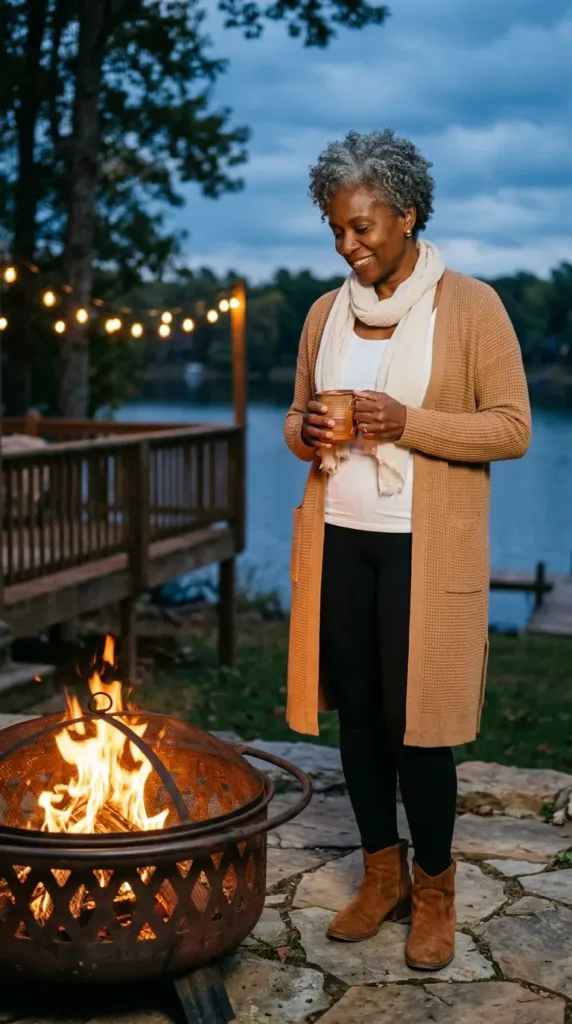 Tall woman in a camel waffle-knit duster cardigan and black leggings by a lakeside bonfire