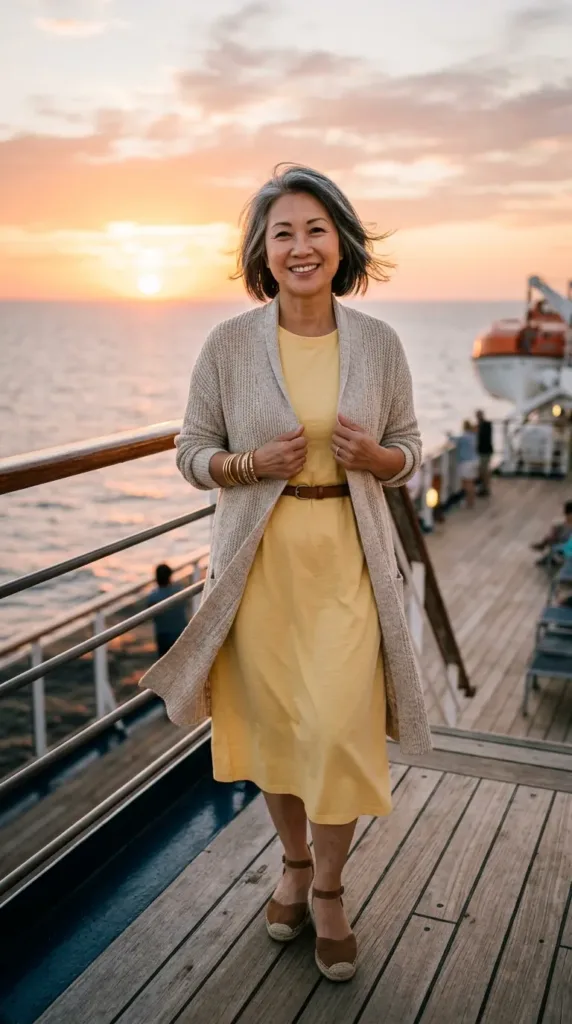 Butter-yellow t-shirt dress with long oatmeal cardigan, a breezy evening cruise outfit for women over 50