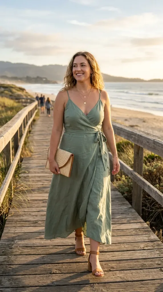Plus size beach wedding guest dress in sage green wrap maxi style