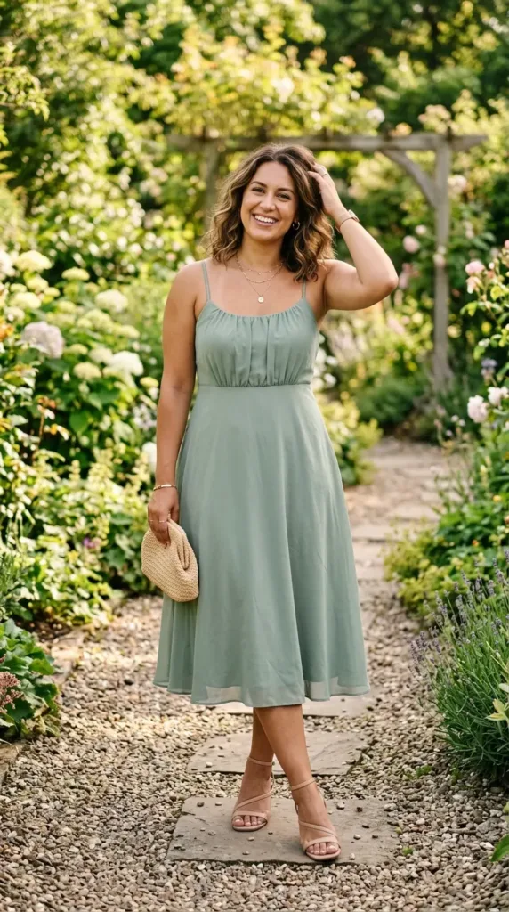 Plus size maid of honor dress in sage green chiffon for outdoor summer wedding