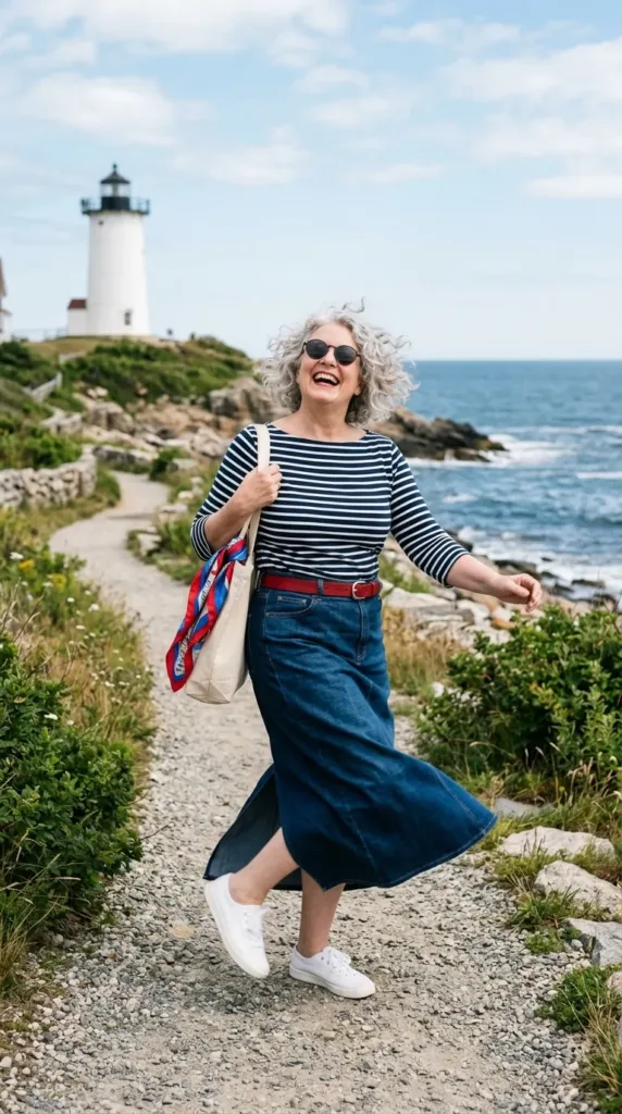 Breton stripe tee with denim maxi skirt and sneakers for a preppy road trip outfit over 50