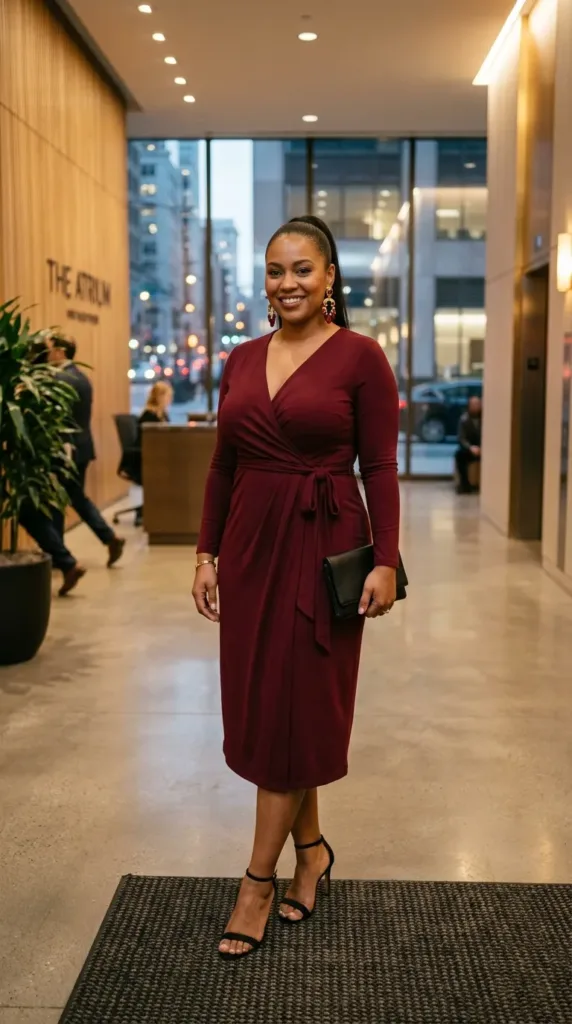 Affordable burgundy plus size maid of honor dress with statement jewelry