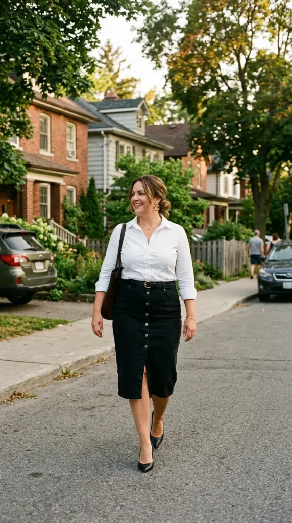 Budget friendly white shirt black skirt office party outfit for curvy women