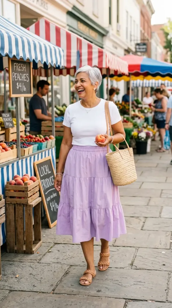 Petite curvy woman in a lilac tiered midi skirt and white tee at an outdoor farmers market