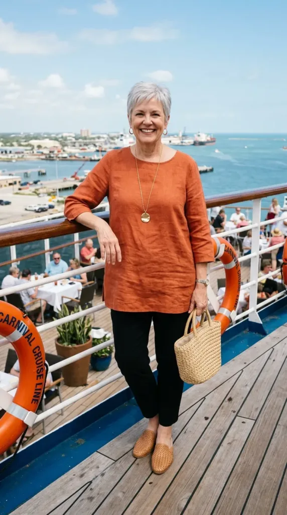Terracotta linen tunic with black tapered pants, a relaxed cruise outfit for women over 50 on a sea day