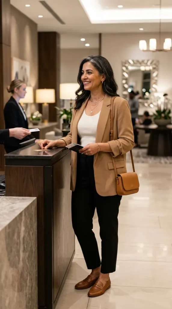 Camel blazer, ivory tank, and black ankle pants for a polished road trip outfit for women over 50