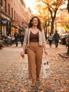 Plus size fall date night outfit with camel trousers and cropped cardigan
