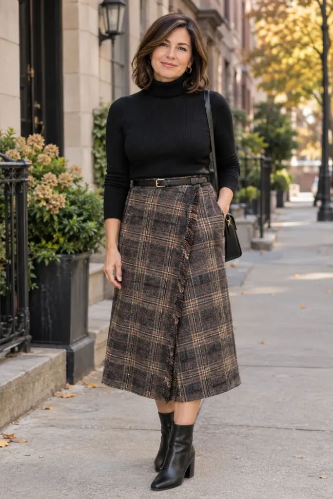 Budget-friendly plaid skirt outfit for women over 50