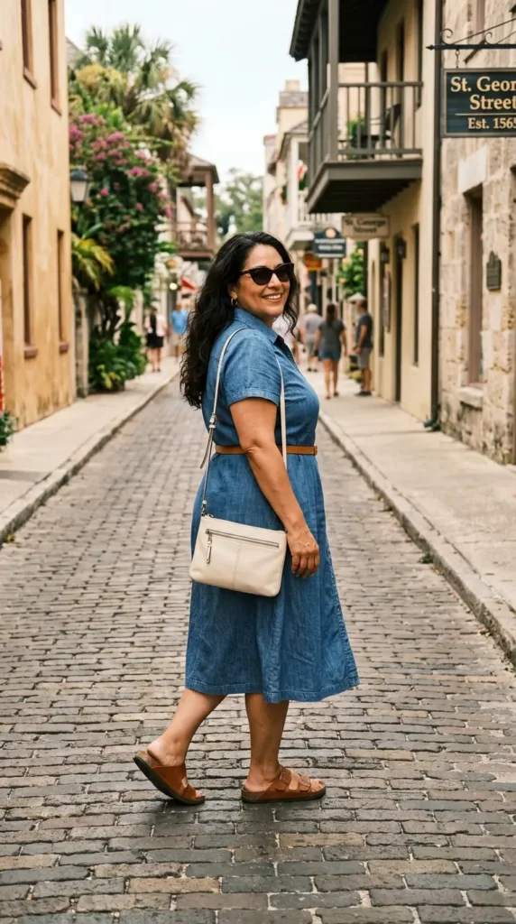 Chambray shirtdress with belt and supportive sandals, a comfy walking outfit for a Caribbean cruise port day