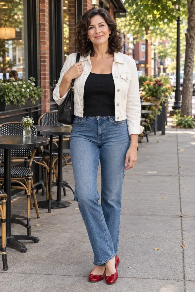 Casual denim outfit for women over 50 with red ballet flats