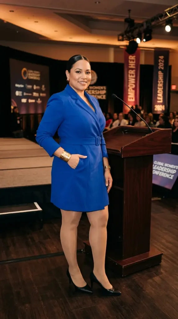 Bold blazer dress outfit for presenting at a business seminar