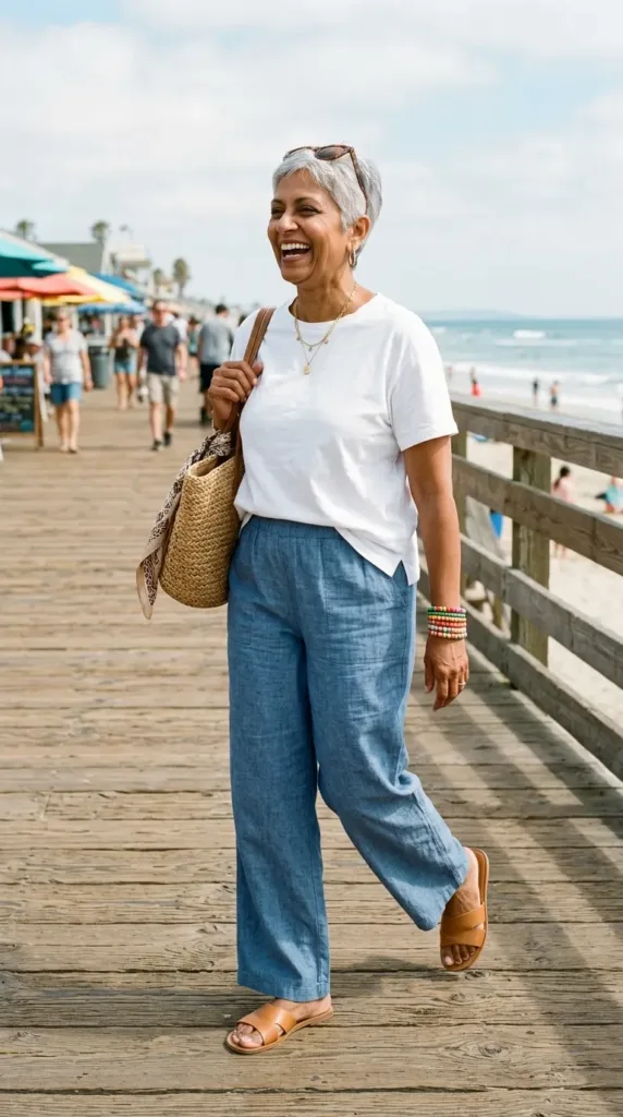 Cool blue linen wide-leg pants with white tee, a relaxed road trip outfit for women over 50
