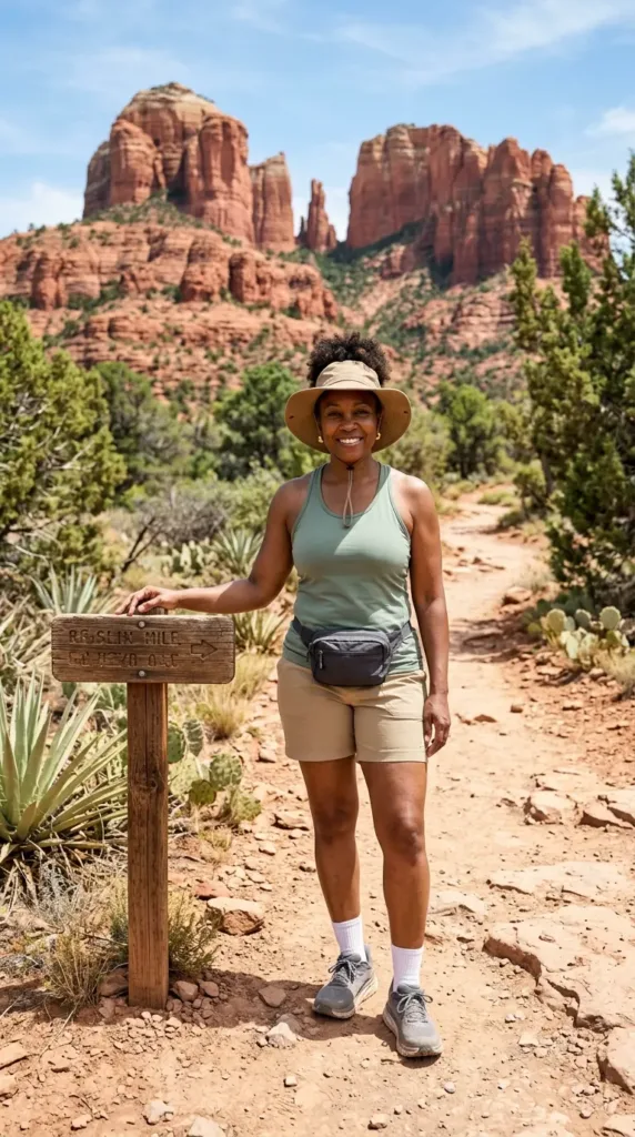 Woman in sage trail tank and khaki hiking shorts, a easy hiking vacations outfit for over 50