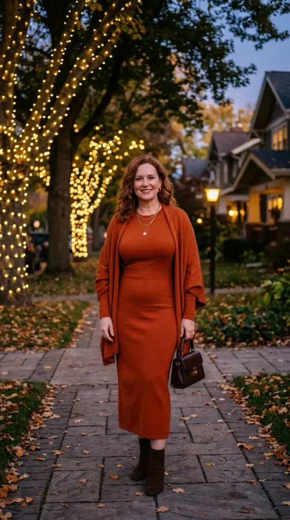 Rust orange plus size maid of honor dress with shawl for fall wedding