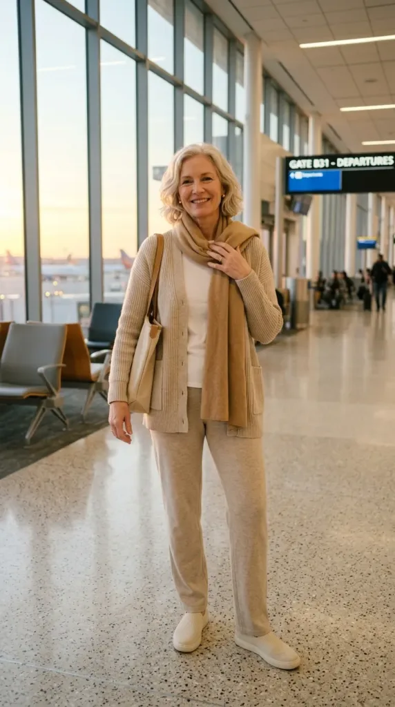 Woman in an oatmeal knit cardigan and lounge pants, a cozy long flight outfit for over 50