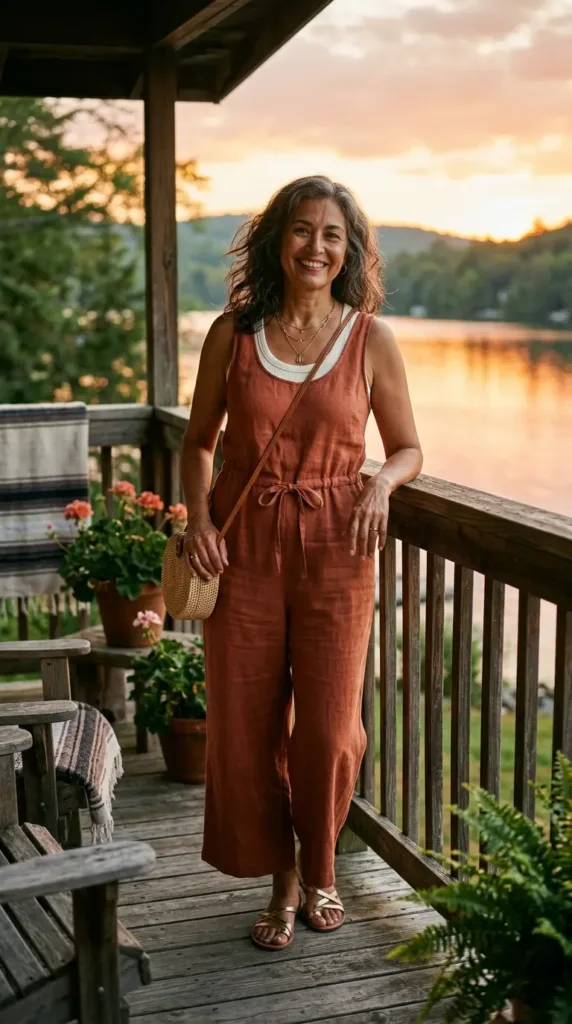 Midsize woman in a terracotta linen jumpsuit with gold sandals on a lake house porch at sunset