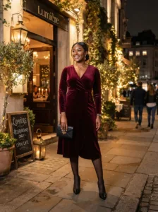 Elegant plus size fall date night dress in burgundy velvet