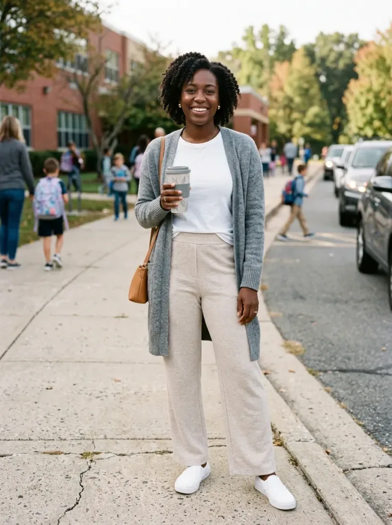 Plus size mom in soft joggers and cardigan for school drop-off on a spring morning