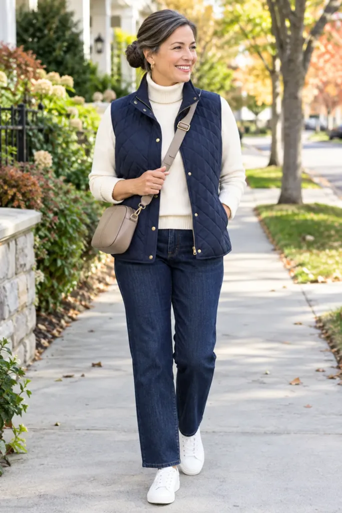Practical errand outfit for women over 50 with quilted vest