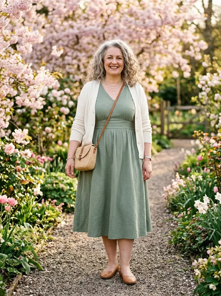 Plus size sage green fit and flare dress for a spring family photo day
