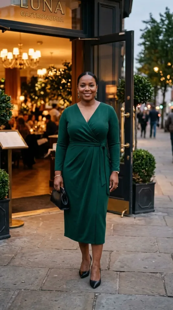 Plus size birthday dinner outfit in emerald wrap dress