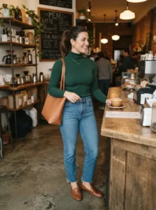 Casual plus size first date outfit with turtleneck and straight leg jeans
