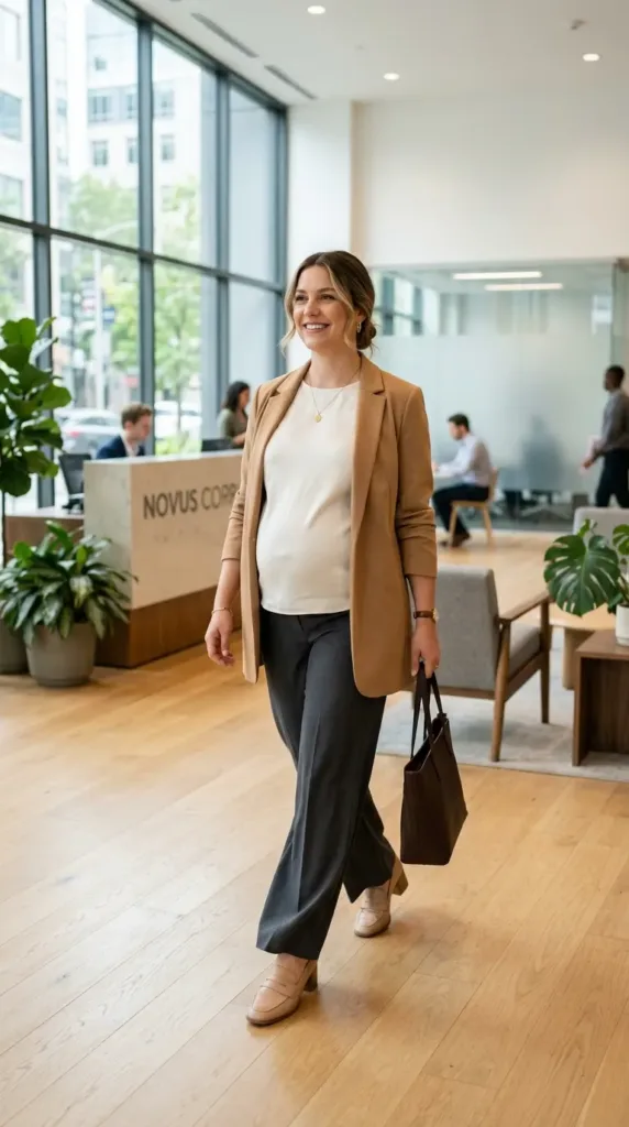Business outfit for pregnant women with wide-leg trousers and open blazer