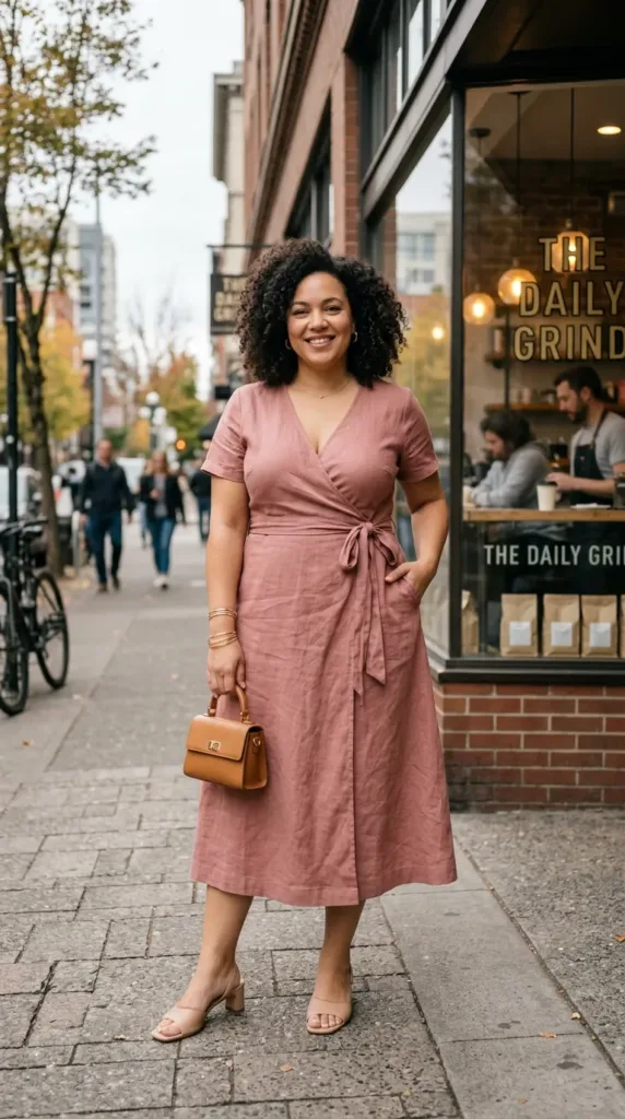 Dusty rose wrap plus size maid of honor dress with smooth back fit