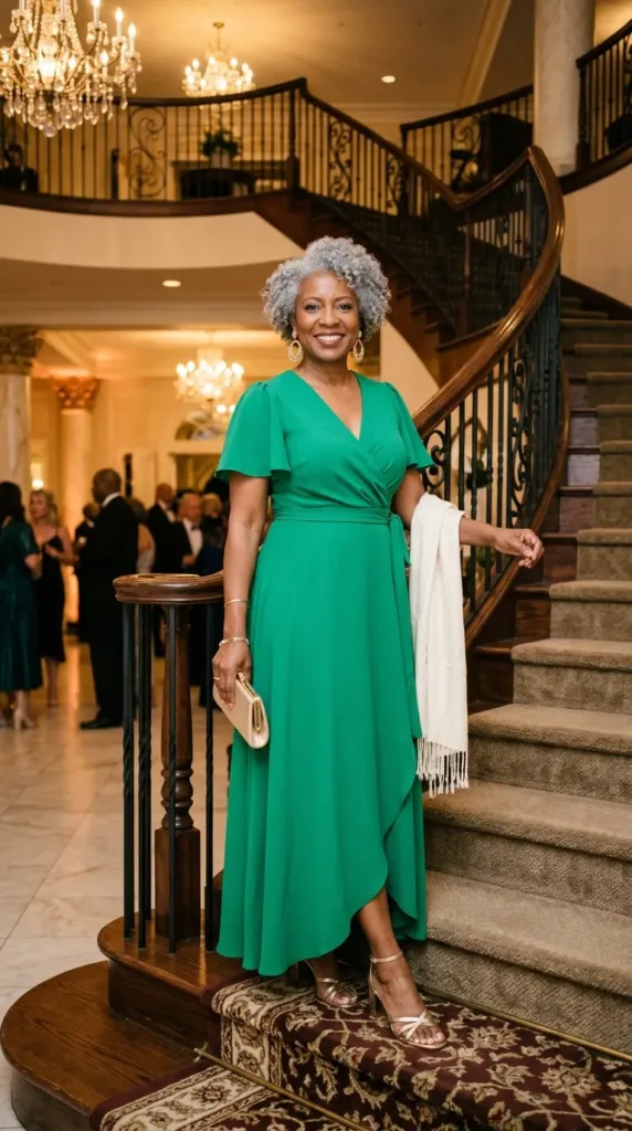 Emerald wrap maxi dress with gold sandals, a formal night cruise outfit for women over 50 in the Caribbean