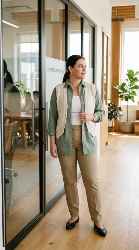 Layered business casual outfit for cold conference rooms