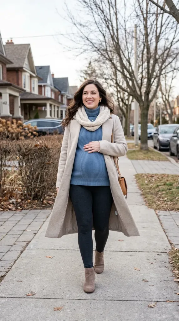 Warm layered maternity work outfit for cold office and commute